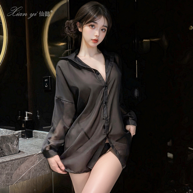 Boyfriend-Style Shirt, Sexy Pajamas, Loose Slimming Shirt, Bf Sexy Low-Cut Single-Breasted Chiffon Loungewear