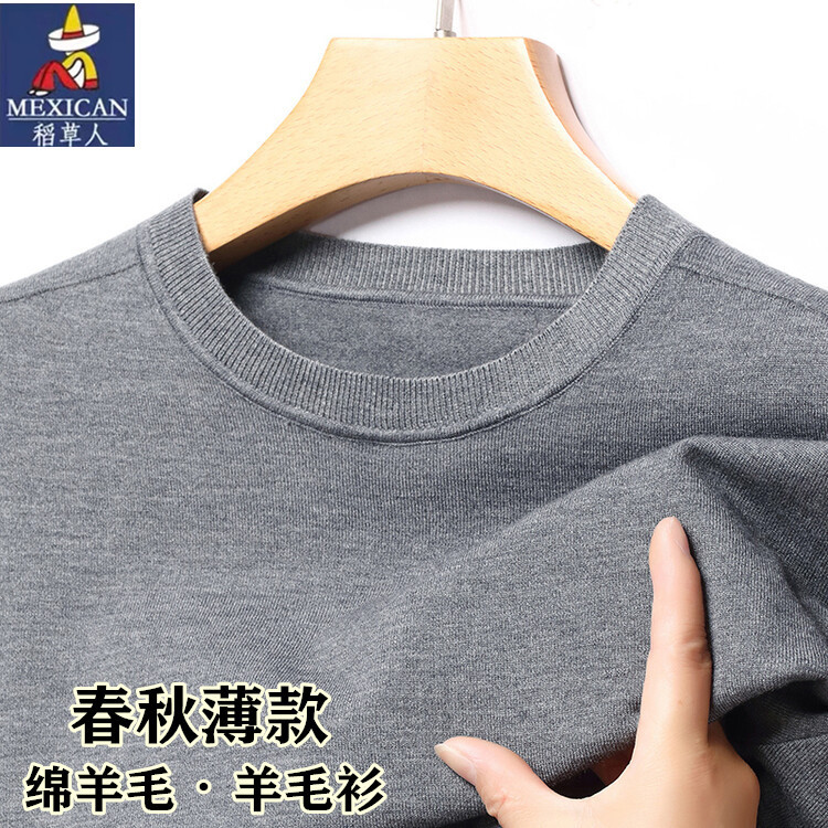 Scarecrow Wool Sweater Men's Spring and Autumn Thin Round Neck Sweater Fashionable High-End Knitted Base Shirt