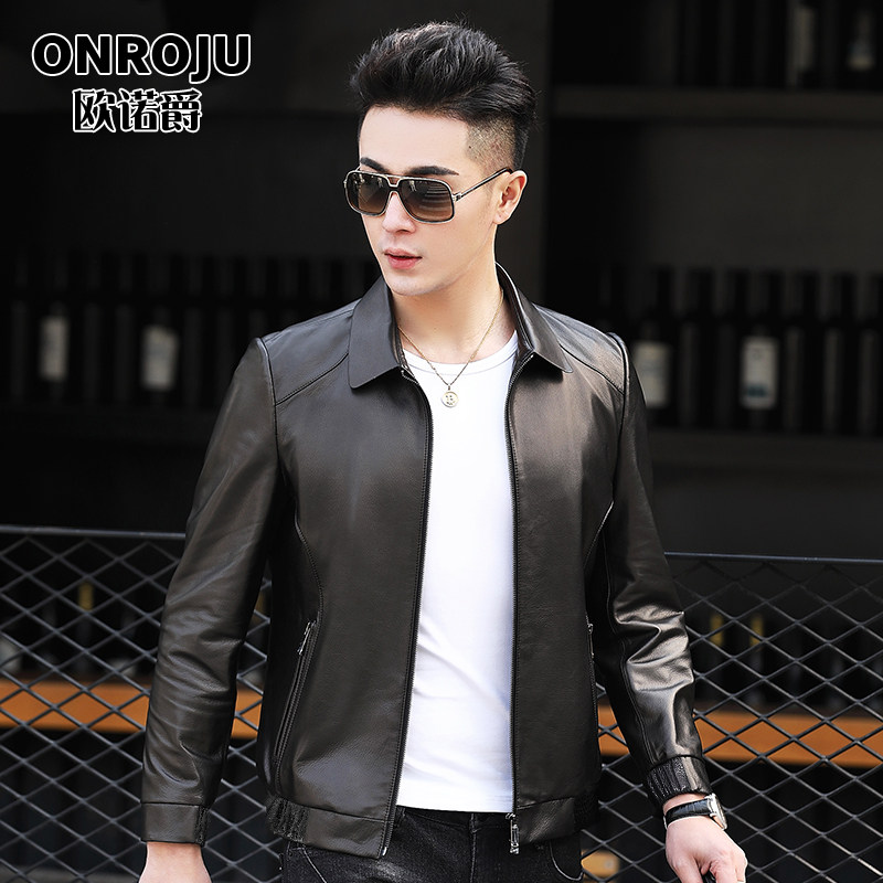 Leather men's leather slim Korean version handsome lapel 2021 Spring and autumn first layer goatskin men's motorcycle jacket jacket