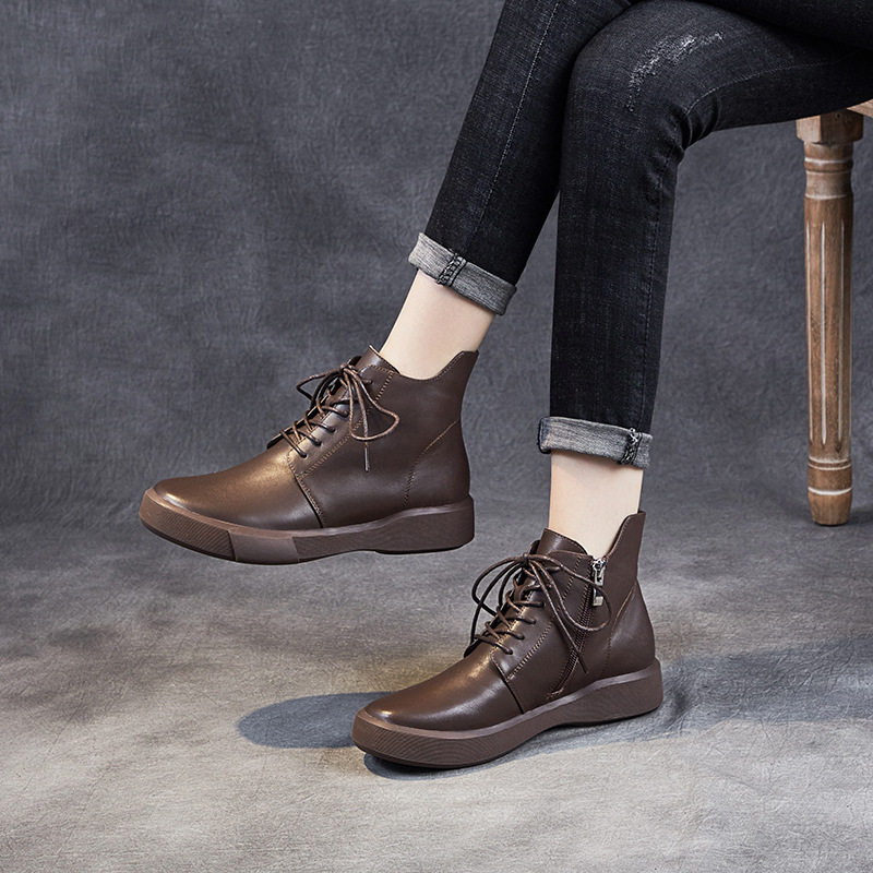 Genuine leather short boots woman 2022 new autumn and winter flat bottom Martin boots Soft bottom soft face low Help single boot Leisure lacing women shoes