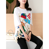 Uhome white printed T-shirt female 2021 summer new Korean loose skinny collar Half sleeve size top