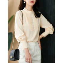 U Home collar long sleeve shirt female 2021 New French elegant pleated chiffon shirt retro lining ladies shirt