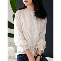 U home retro light ripe ruffle white drawstring waist top chiffon shirt 2021 new autumn shirt Women