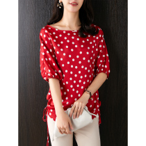 UJIA French charm polka point satin shirt 2021 summer new Korean round neck loose half sleeve top female