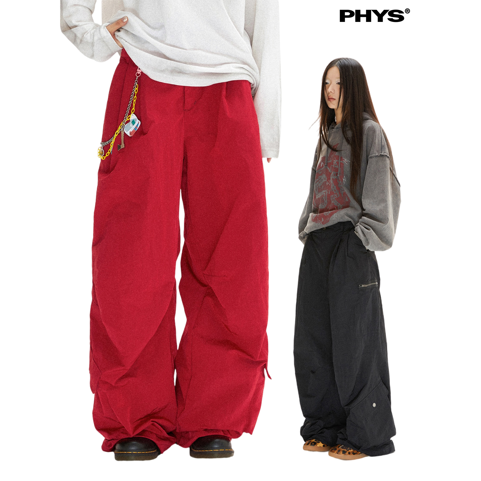 【オフライン同スタイル】Physics Boy「ボクシングゲーム」構造ポケットベルベット無地ピンチプリーツパラシュートパンツ