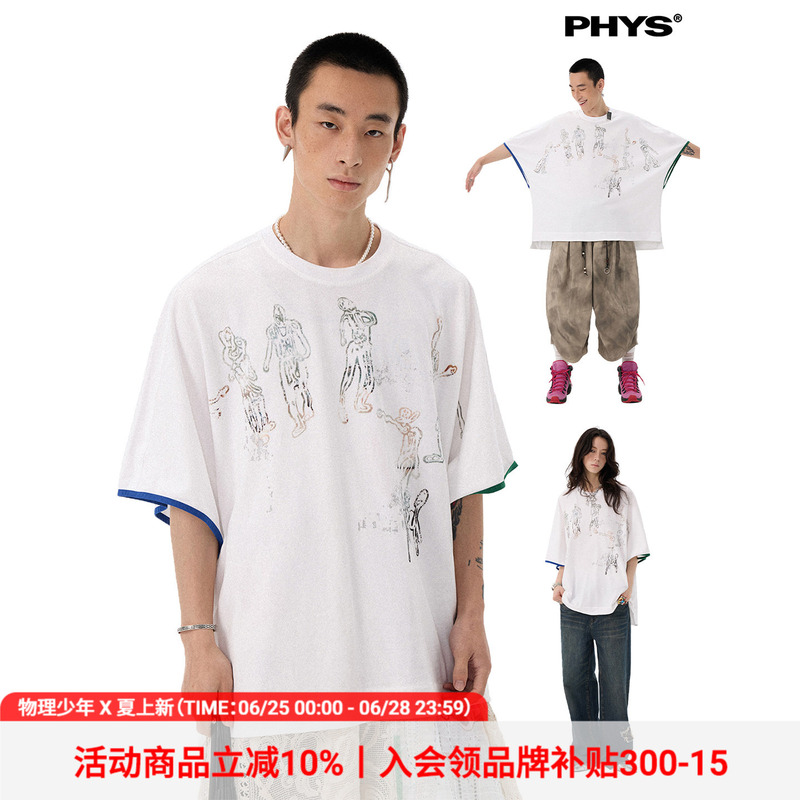 Physics Boy × Mo Xiu You Collaboration'Freeform Deformation' Textured Batwing Sleeve Ultra Loose Printed Short Sleeve T-Shirt