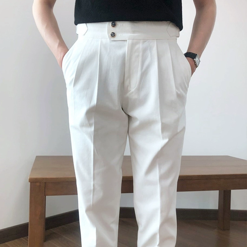 Hàn Quốc mua gấp đôi nút thẳng quần thông thường nam cotton trắng uốn cong chín điểm kinh doanh quần-PT840 - Quần