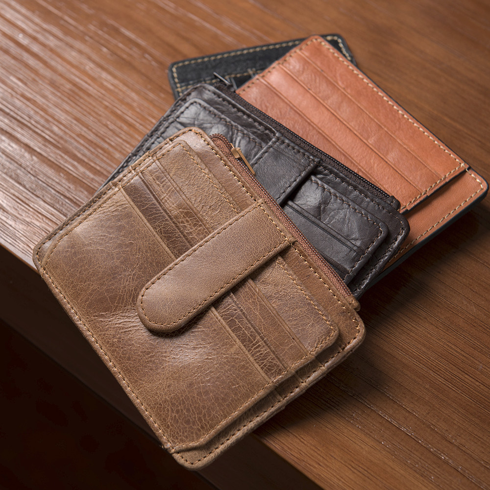 Retro Ultra Slim Card Bag Men Genuine Leather Mini Small Zero Wallet Card Clip Lady Driver's License Leather Set Card Documents Bag