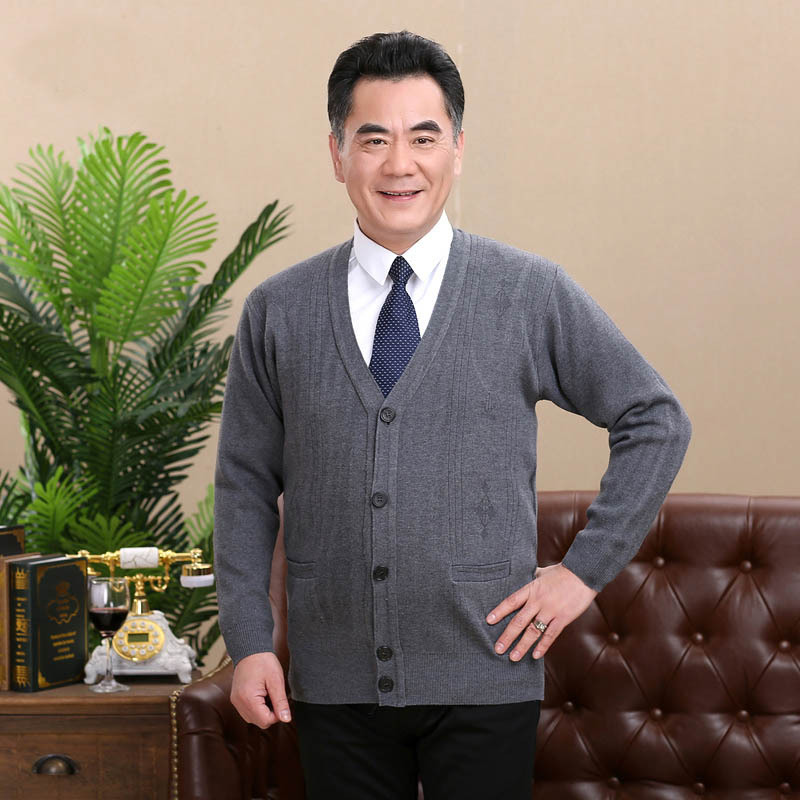 Spring and Autumn Middle-Aged Men's Sweater, Knitted V-Neck Sweater for Middle-Aged Men, Casual Loose Cardigan for Dad
