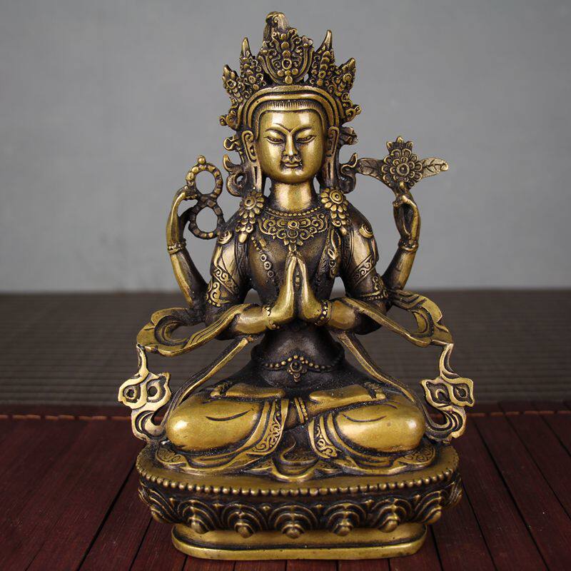 Antique Miscellaneous Collection Antique Bronze Buddha Statue Guanyin Hands Fold Palm Manjushri Puxian Four Arms Four Walls Guanyin