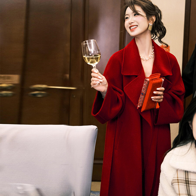 Red Double-Sided Wool Coat for Women, Mid-Length Bridal Wedding Toast Dress, Festive New Year Dress, Sheep Wool Coat