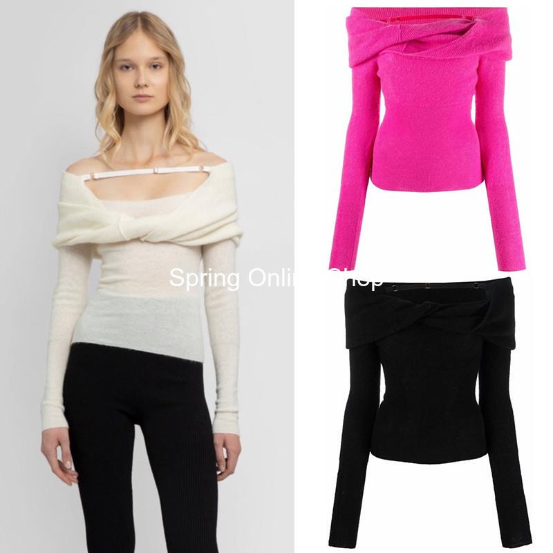 Authentic Jacquemus Yimengling Style One-Shoulder Mohair Knit Sweater Slim Fit Twisted Sweater from Boutique Store
