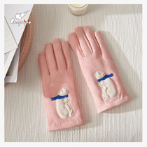 Cute suede gloves womens winter warm plus velvet cotton cycling autumn and winter driving womens gloves winter warm