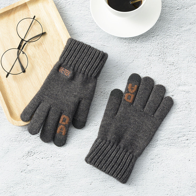 Knitted Wool Wire Gloves Winter Men's Defense Chilling Letters Five Fingers Mobile Phone Games Touch Screen Gloves Male Winter Warm Students
