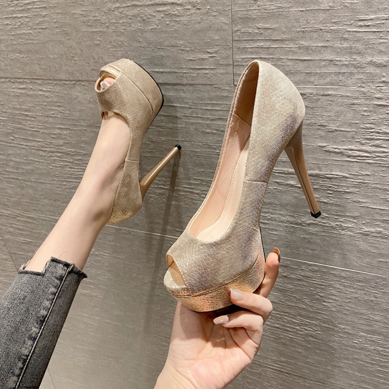 Sexy and Elegant Goddess Style Peep-Toe Stiletto Platform Gold 12cm Ultra-High Heel Shoes for Women, Summer 2025 New Model