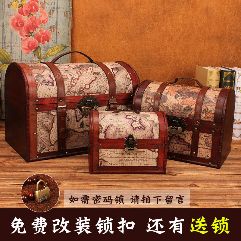 Home retro wooden box container Chinese wind belt lock box wooden small box photography prop decoration box
