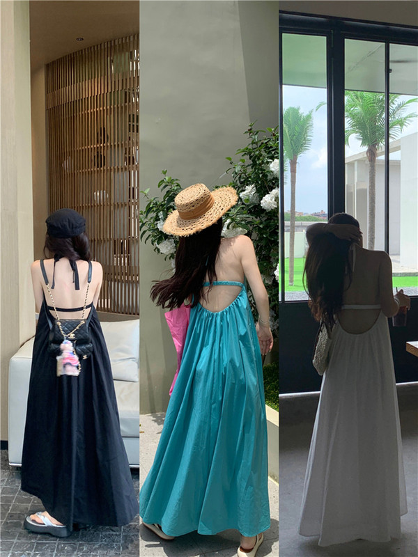 White French-Style Halter Neck Backless Spaghetti Strap Dress for Women, Summer Seaside Beach Vacation Fairy Long Dress White French-Style Halter Neck Backless Spaghetti Strap Dress for Women, Summer Seaside Beach Vacation Fairy Long Dress