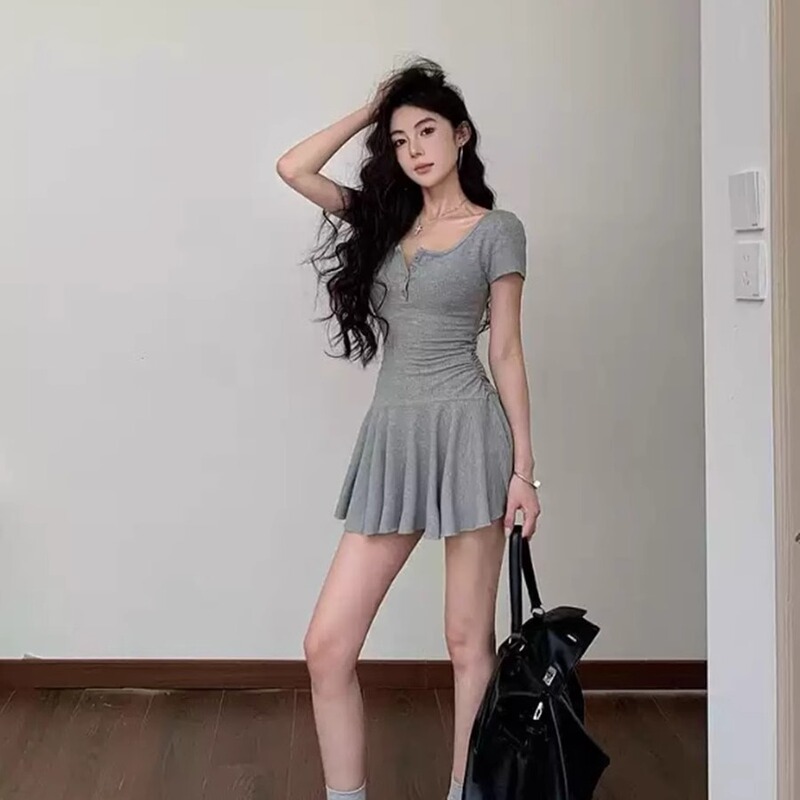 Spicy Girl U-Neck Short-Sleeve Dress Women's Summer Petite Waist-Cinching Short Skirt Preppy Style Trendy Age-Reducing A-Line Dress