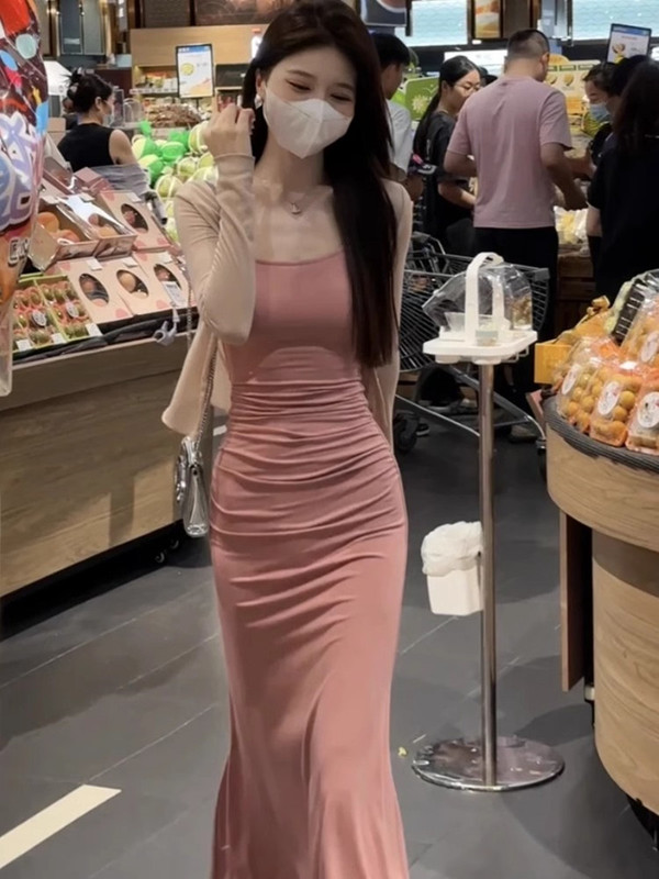 European Style Summer New Solid Color Long-Sleeve Cardigan + Elegant High-Waisted Fishtail Suspender Skirt Fashion High-End Women's Suit