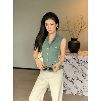 Jijinqi summer old money style stand collar sleeveless vest