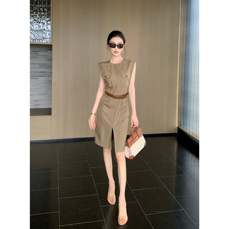 Jijinqi Summer Round-Neck Sleeveless Dress with Slit, Light Luxury Waist-Cinching Design [with Belt] Mid-Length Dress