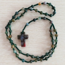 Natural Indian Agate Stone Catholic Cross Pendant Necklace Rose Rosary Rosary Wanket Chain