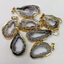 Natural agate crystal hole gold edge pendant Brazilian agate piece bracelet accessories diy crystal necklace pendant earrings