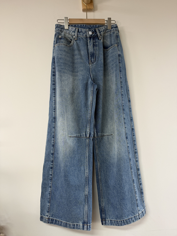 Luojia Scimitar Turkish Long-Staple Cotton Vintage Distressed Blue Knee Pleated Jeans Lw5327