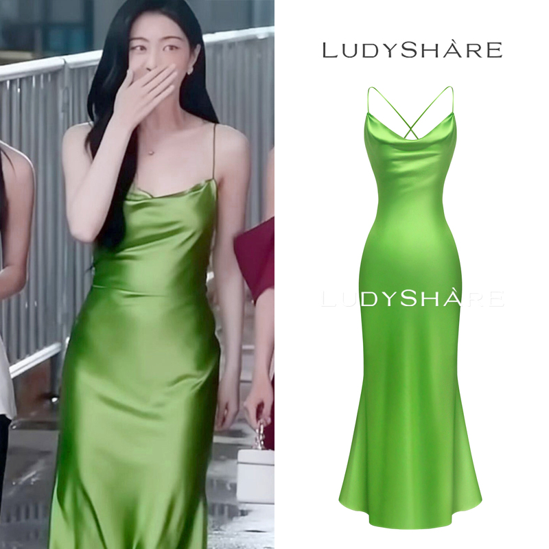 Sun Leyan's Same Style Spaghetti Strap Dress, Satin Green Beach Vacation Dress, Sexy High-End Elegant Bodycon Dress for Women