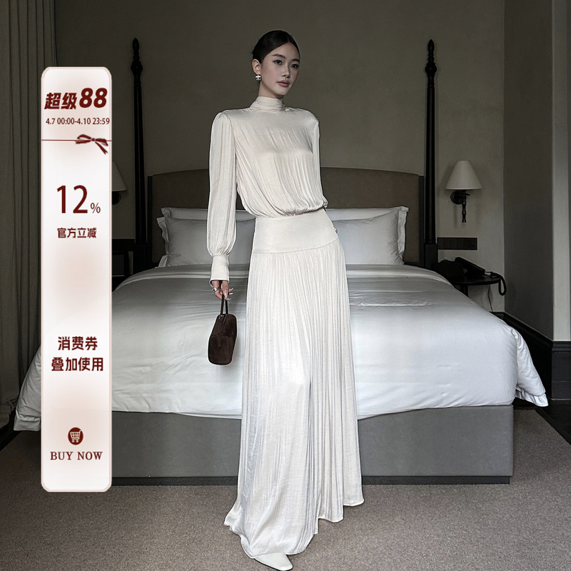 Venuie French-Style Satin Long Pleated Long-Sleeve Dress for Women, Autumn and Winter Light Evening Dress, Annual Meeting Long Dress