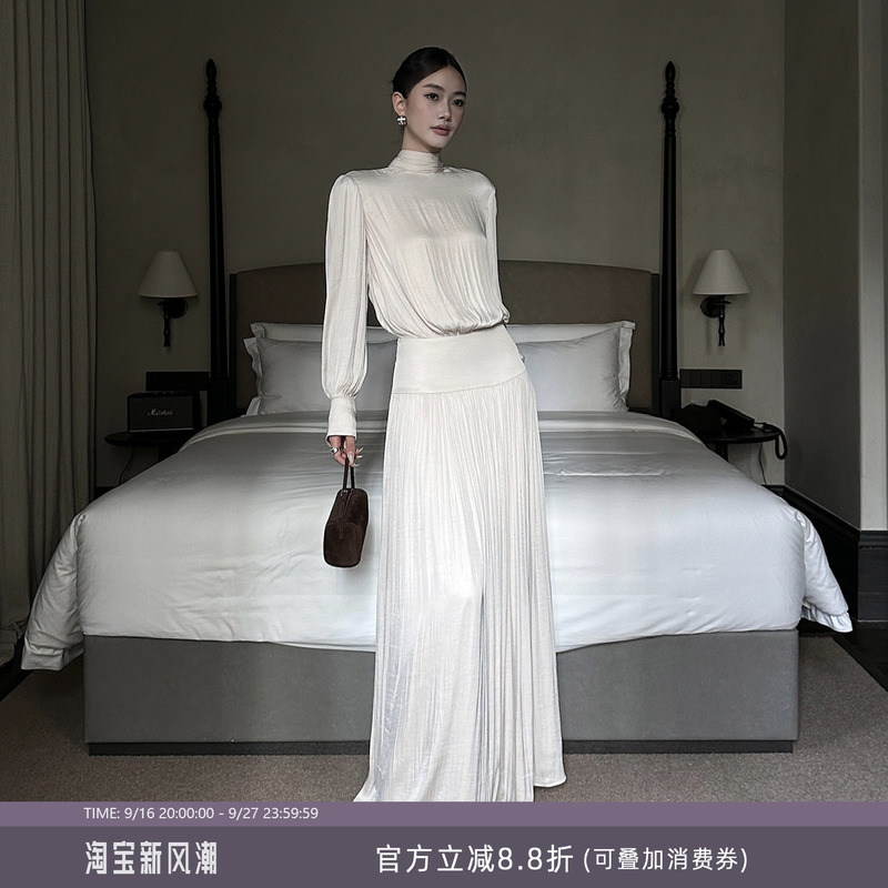 Venuie French-Style Satin Long Pleated Long-Sleeve Dress for Women, Autumn and Winter Light Evening Dress, Annual Meeting Long Dress Venuie French-Style Satin Long Pleated Long-Sleeve Dress for Women, Autumn and Winter Light Evening Dress, Annual Meeting Long Dress