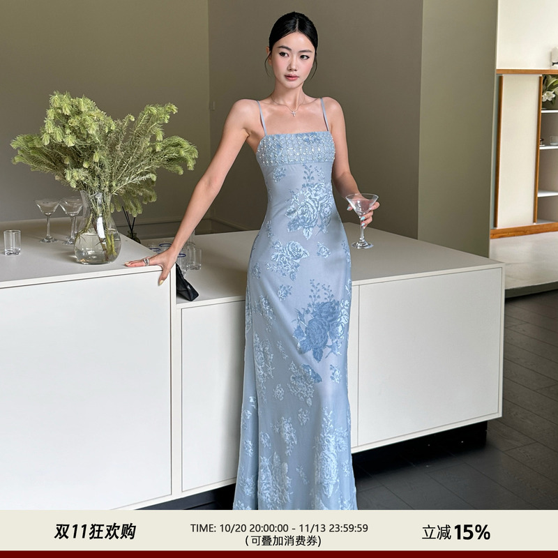 Venuie French-Style Blue Spaghetti Strap Dress, New Chinese-Style Dress, Birthday Evening Dress, Light Dress, Seaside Vacation Long Dress Venuie French-Style Blue Spaghetti Strap Dress, New Chinese-Style Dress, Birthday Evening Dress, Light Dress, Seaside Vacation Long Dress