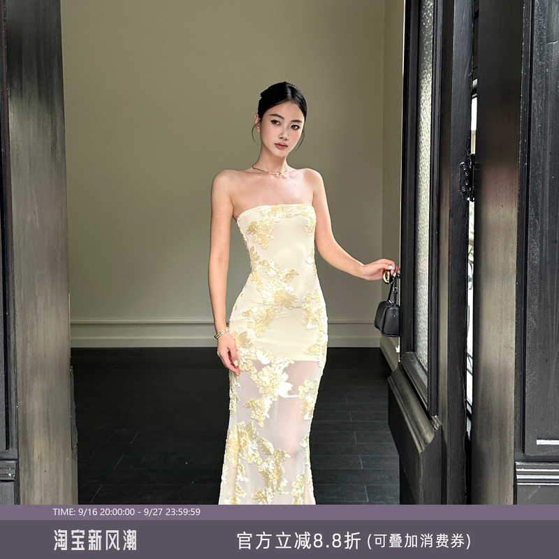 Venuie Heavy-Duty Three-Dimensional Embroidered Tube Top Dress, Yellow Waist-Cinching Bodycon Long Dress, Birthday Party Dress Venuie Heavy-Duty Three-Dimensional Embroidered Tube Top Dress, Yellow Waist-Cinching Bodycon Long Dress, Birthday Party Dress