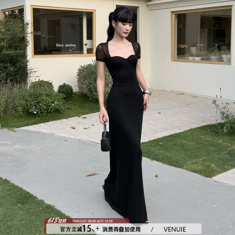 Venuie Hepburn-Style Black Waist-Cinching Dress Fishtail Skirt Graduation Evening Dress Square Neck Elegant Birthday Long Dress for Women