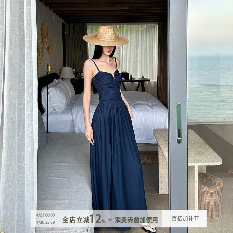 Venuie French-Style Navy Blue Beach Photo Shoot Vacation Slip Dress Long Dress for Photo Shoots and Outfits