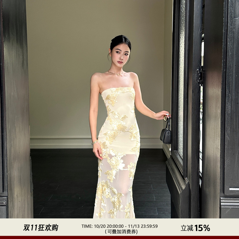 Venuie Heavy-Duty Three-Dimensional Embroidered Tube Top Dress, Yellow Waist-Cinching Bodycon Long Dress, Birthday Party Dress