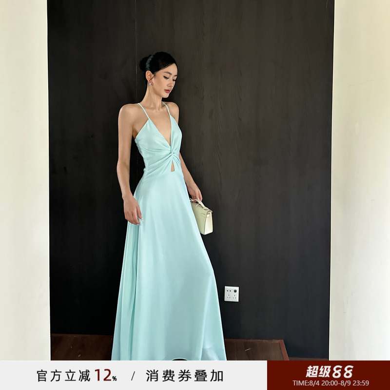 Venuie Green French Halterneck Dress Women's Dress Seaside Vacation Mint Green Backless Suspender Long Dress Venuie Green French Halterneck Dress Women's Dress Seaside Vacation Mint Green Backless Suspender Long Dress
