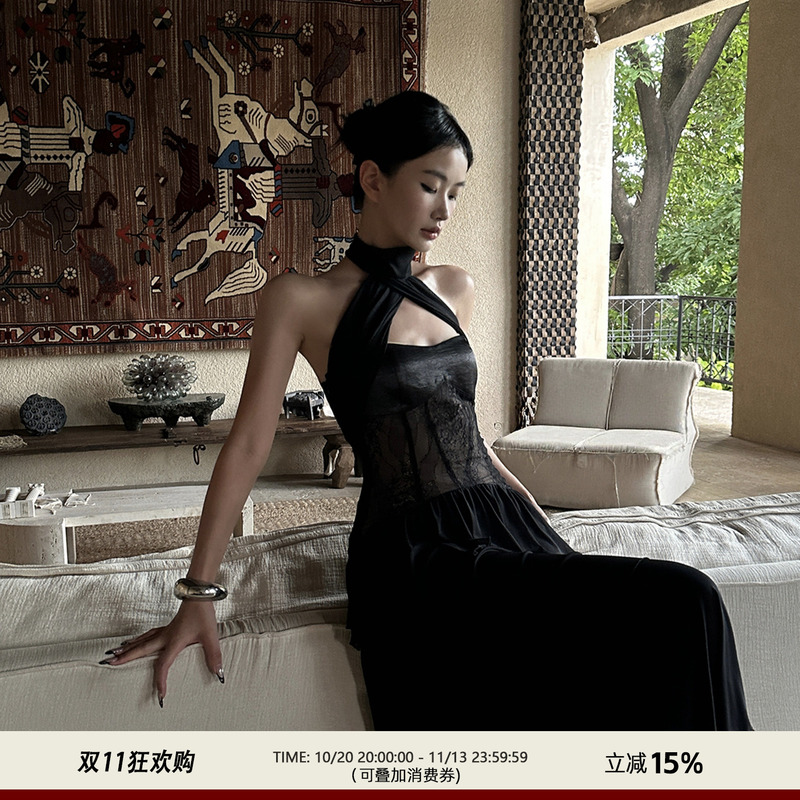 Venuie Black Sleeveless Halter Dress Cake Dress Banquet Birthday Dress Sexy Backless Vacation Long Dress