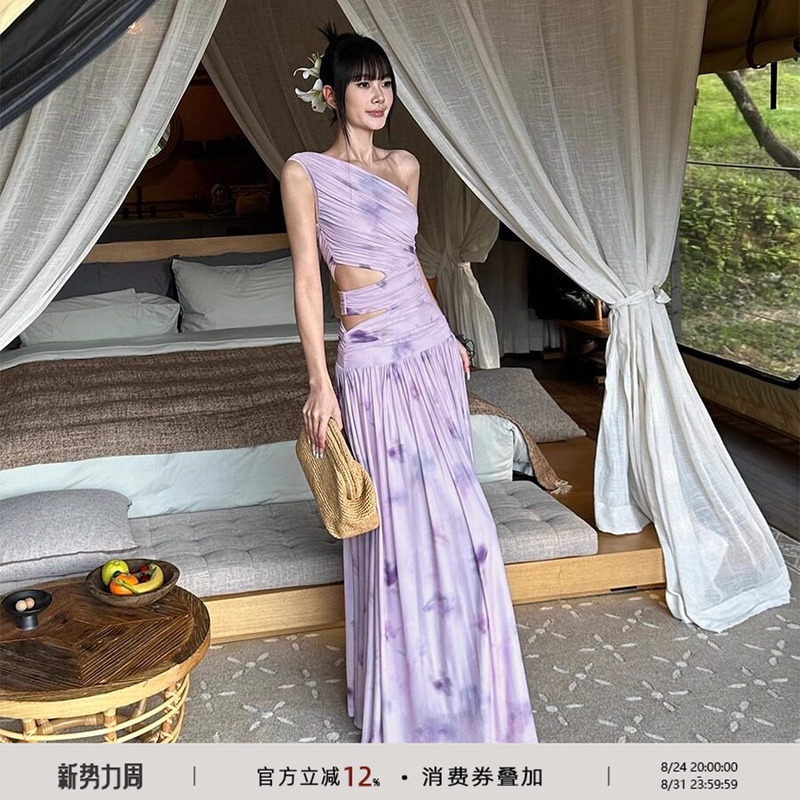Venuie Pink and Purple Printed Waist-Cinching Dress, Feminine, Sexy, Slim-Fitting, Cut Out, Off-Shoulder, Stretchy Mesh Long Skirt