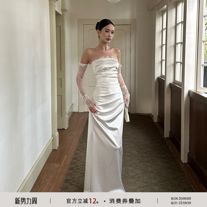 Venuie French Satin Annual Meeting Banquet Dress Strapless White Birthday Engagement Light Dress Graduation Long Dress