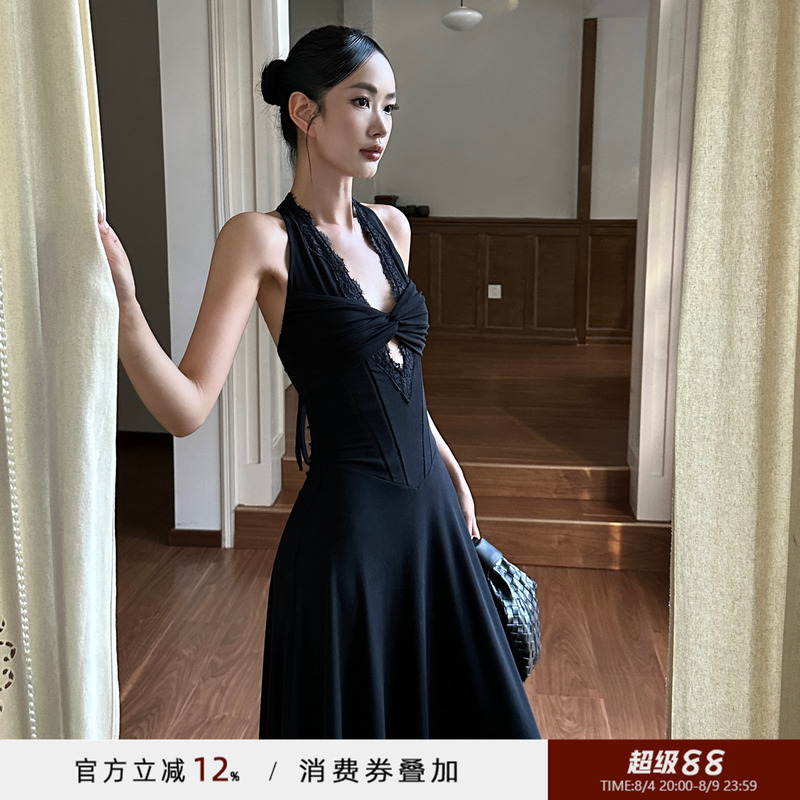 Venuie French-Style Black Seaside Vacation Dress Women's V-Neck Spaghetti Strap Niche Evening Dress Long Halter Dress Venuie French-Style Black Seaside Vacation Dress Women's V-Neck Spaghetti Strap Niche Evening Dress Long Halter Dress