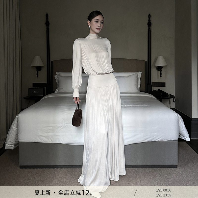 Venuie French-Style Satin Long Pleated Long-Sleeve Dress for Women, Autumn and Winter Light Evening Dress, Annual Meeting Long Dress Venuie French-Style Satin Long Pleated Long-Sleeve Dress for Women, Autumn and Winter Light Evening Dress, Annual Meeting Long Dress