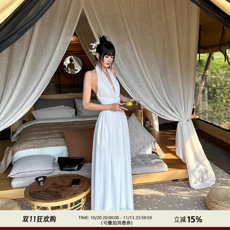 Venuie White Chiffon Halter V-Neck Dress with a High-End Feel, Slim Fit, Waist-Cinching, Backless, Twisted A-Line Sleeveless Long Dress