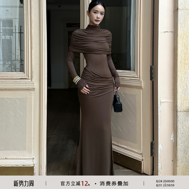 Venuie Modal High-Neck Elegant Shawl Long Dress Two-Piece Set Long-Sleeved Slim-Fit Knitted Bodycon Pleated Dress Venuie Modal High-Neck Elegant Shawl Long Dress Two-Piece Set Long-Sleeved Slim-Fit Knitted Bodycon Pleated Dress