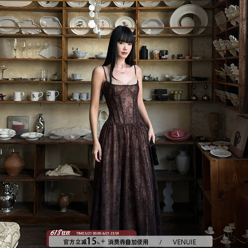 Venuie French-Style Light Luxury Lace Camisole Dress for Graduation, Coming-Of-Age Ceremony, Light Evening Dress, Long Dress for Women, Summer