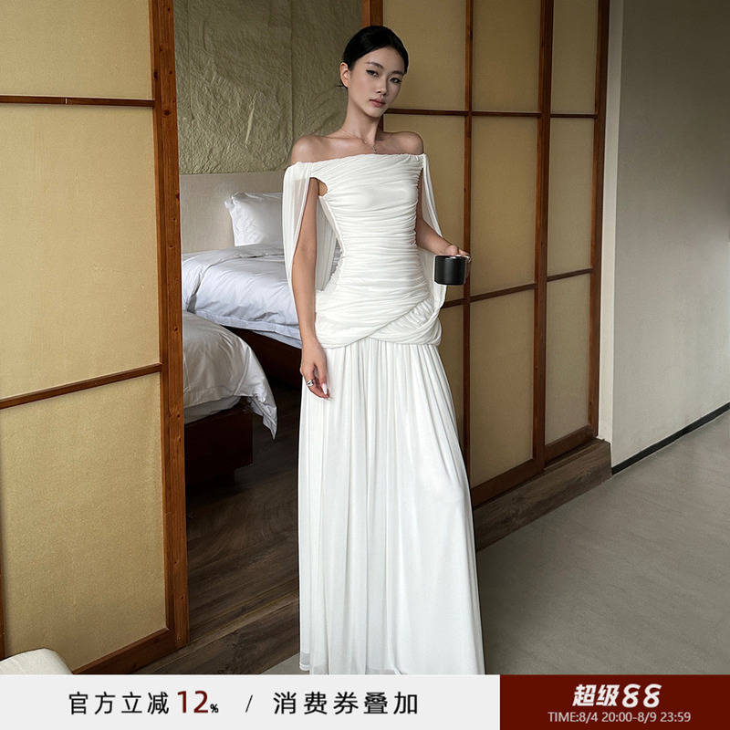 Venuie Stylish White Off-Shoulder Dress, French Vacation Dress, Birthday Light Dress, Elegant Long Dress for Marriage Registration Venuie Stylish White Off-Shoulder Dress, French Vacation Dress, Birthday Light Dress, Elegant Long Dress for Marriage Registration