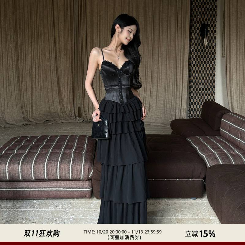 Venuie Retro Elegant Satin Evening Dress Black Long Tiered Dress with Waist-Cinching V-Neck Chiffon Strap Dress Venuie Retro Elegant Satin Evening Dress Black Long Tiered Dress with Waist-Cinching V-Neck Chiffon Strap Dress
