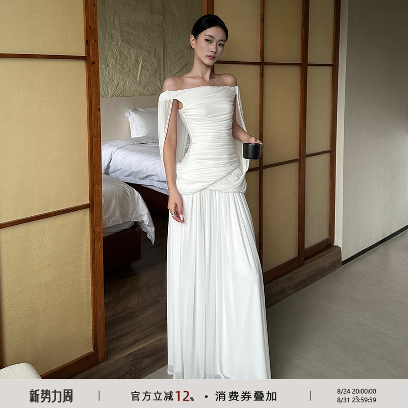 Venuie Stylish White Off-Shoulder Dress, French Vacation Dress, Birthday Light Dress, Elegant Long Dress for Marriage Registration Venuie Stylish White Off-Shoulder Dress, French Vacation Dress, Birthday Light Dress, Elegant Long Dress for Marriage Registration