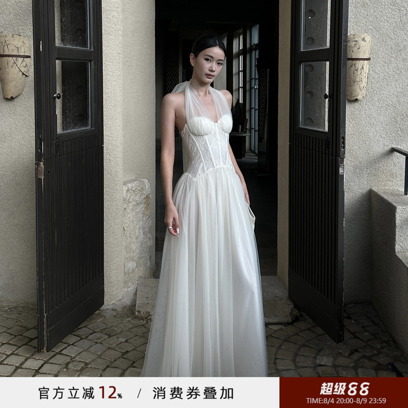 Venuie Heavy-Duty Mesh Halter Dress with Chest Pads, Coming-Of-Age Ceremony, Birthday, Engagement Dress, White Dress for Marriage Registration Venuie Heavy-Duty Mesh Halter Dress with Chest Pads, Coming-Of-Age Ceremony, Birthday, Engagement Dress, White Dress for Marriage Registration