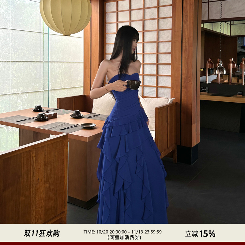 Venuie Royal Blue Tube Top Chiffon Dress Sleeveless Slim Fit Birthday Dress Women's Seaside Vacation Elegant Long Dress